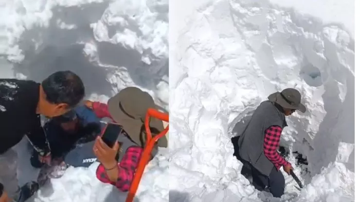 स्पीति घाटी के मुद में हिमस्खलन की चपेट में आए लोगों को सुरक्षित बाहर निकालते ग्रामीण l