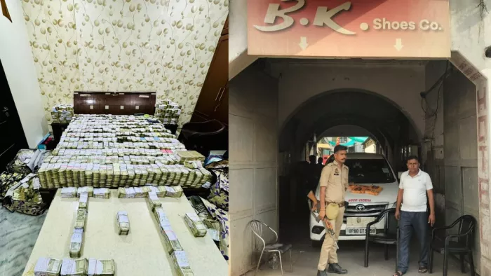 Agra News: इंटरनेट मीडिया पर प्रसारित हुईं बेड पर बिछे नोटों की तस्वीर और छापे के दौरान पुलिस।