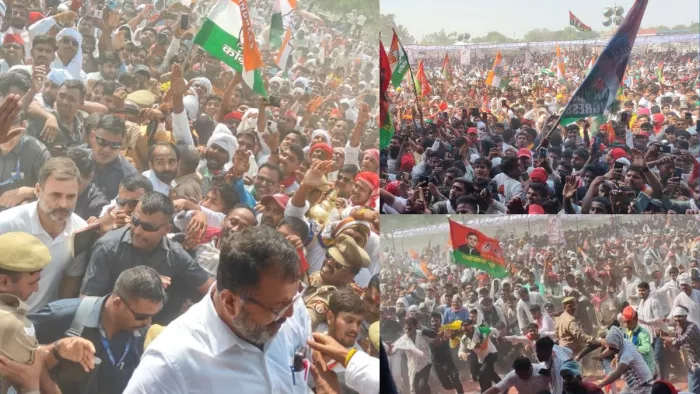 इंडी गठबंधन के प्रत्याशी उज्ज्वल रमण सिंह के समर्थन में मुंगारी पहुंचे राहुल-अखिलेश