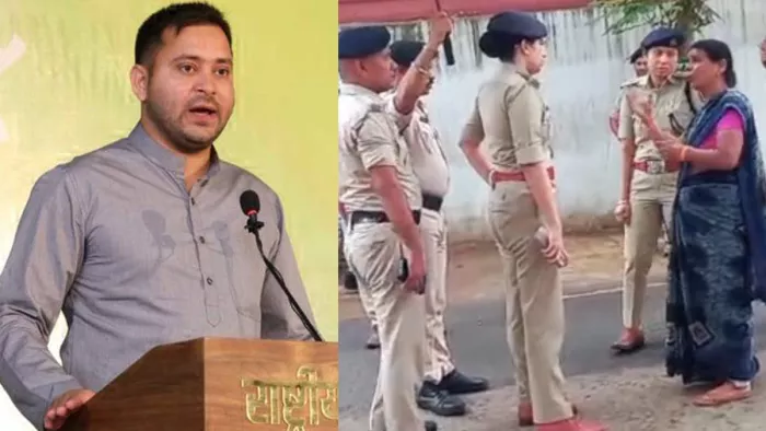 तेजस्वी यादव। घटना के बाद महिला से पूछताछ करतीं सिटी एसपी दीक्षा।