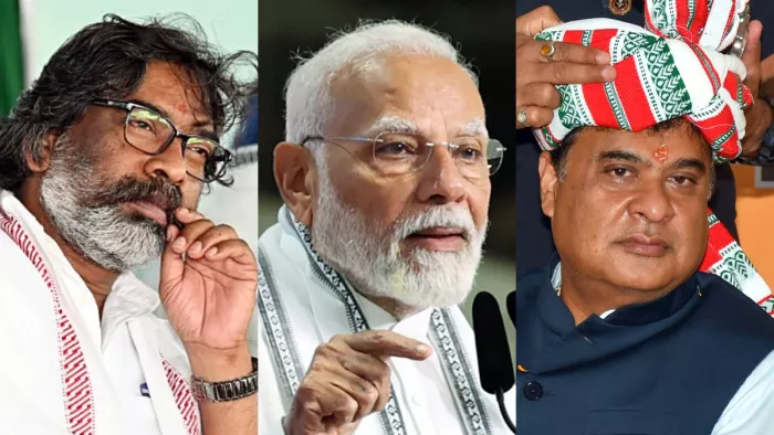 हेमंत सोरेन, प्रधानमंत्री मोदी और हिमंत बिस्व सरमा (फोटो- ANI)