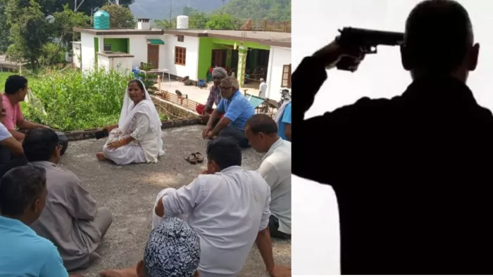 शाहपुर के रेहलू में पूर्व सैनिक द्वारा खुद को गोली मारने के बाद मौके पर पहुंचे लोग।