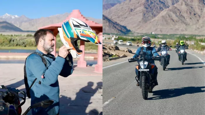 Rahul Gandhi Ladakh Visit लद्दाख में बाइक चलाते राहुल।