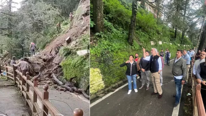 शिमला शहर में भूस्खलन के कारण मंत्रियों के आवास भी खतरे में आ गए हैं। निरीक्षण करते स्थानीय विधायक।