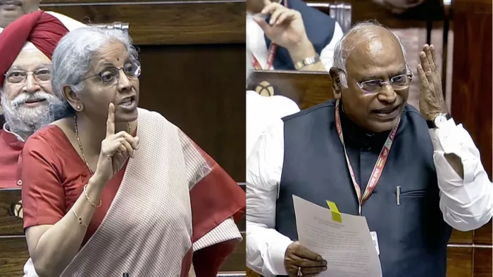 मल्लिकार्जुन खरगे के कमजोर महिला वाले बयान पर निर्मला सीतारमण ने दिया जवाब।(फोटो सोर्स: एएनआई)