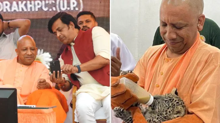 सीएम योगी आदित्यनाथ के साथ सांसद रवि किशन व तेंदूए को दूध पिलाते सीएम। -जागरण