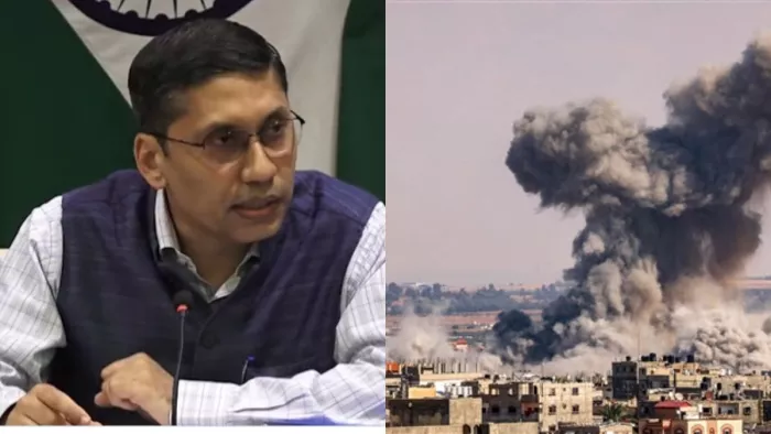 विदेश मंत्रालय के प्रवक्ता इजरायल और हमास युद्ध पर प्रेस को संबोधित करते हुए। (फोटो- एएनआई)