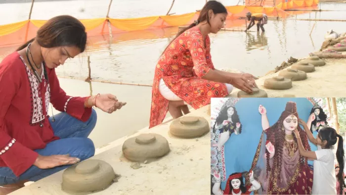 राप्ती नदी के किनारे बेदी बनातीं युवतियां। - संगम दूबे