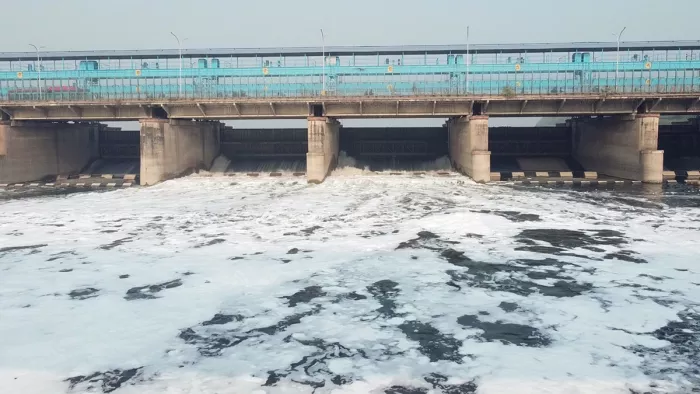दिल्ली में यमुना में दिख रहे सफेद झाग। फोटो- ANI