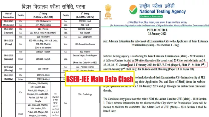 JEE Main 2023 के जनवरी सेशन की नई तिथियों से BSEB बिहार बोर्ड इंटर मैथ पेपर की डेट का टकराव।