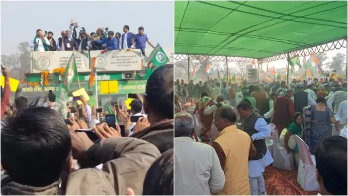 पहले टूटा मंच फिर बस की छत से तेजस्वी ने दिया जोरदार भाषण, समझाया 'बाप' का मतलब