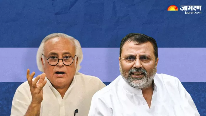 निशिकांत दुबे के बयान से BJP ने झाड़ा पल्ला तो बरसे जयराम रमेश। (फोटो- जागरण ग्राफिक्स)