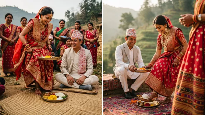 पति को पैरों से खाना परोसने की हैरान करने वाली थारू प्रथा (AI-generated Image)