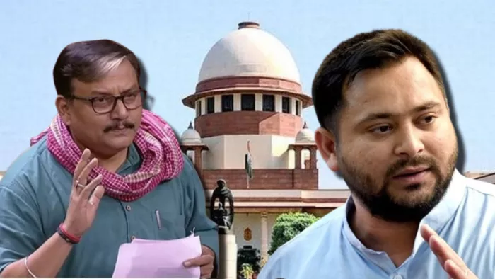 राजद के राज्यसभा सांसद मनोज झा और पूर्व डिप्टी सीएम तेजस्वी यादव। (फोटो- जागरण)