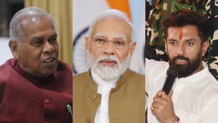 जीतन राम मांझी, पीएम मोदी और चिराग पासवान। (फाइल फोटो)