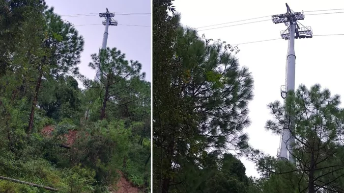 धर्मशाला में भारी बारिश के कारण हुए भूस्खलन की जद में रोपवे का पिलर आ गया है। जागरण