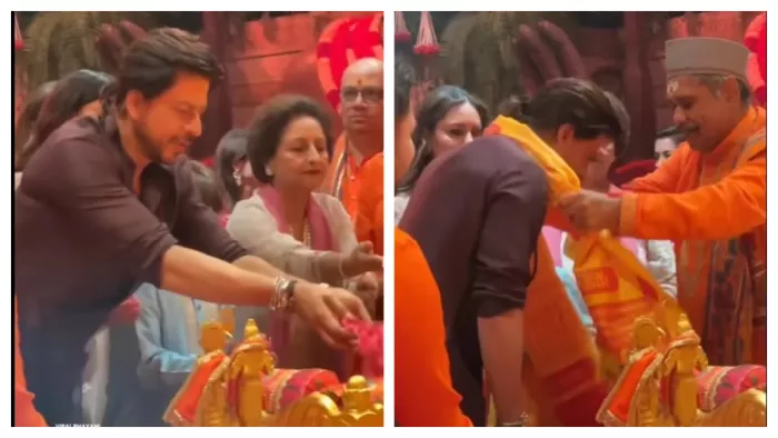 Shah Rukh Khan offer Prayer to Lord Ganesha at Ambani Bash. Photo Credit: Viral Bhayani Instagram Screenshot