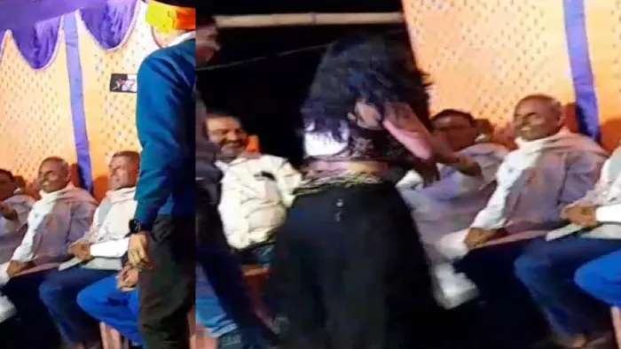 मंचासीन मुखिया के आगे ठुमके लगाती नर्तकी। (वायरल वीडियो का स्क्रीनग्रैब)