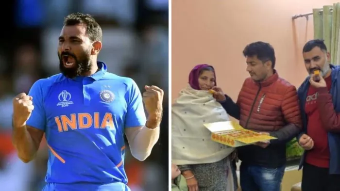 मोहम्मद शमी को अर्जुन अवार्ड के लिए चयनित होने पर मां अंजुम आरा को मिठाई खिलाते बड़े भाई।