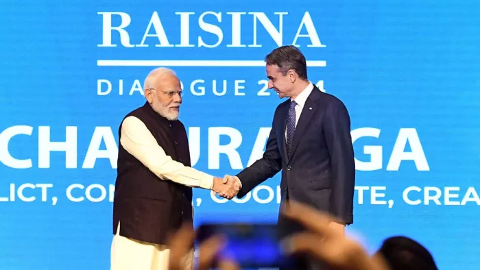 ग्रीस के प्रधानमंत्री किरिकोस मित्सोटाकिस और पीएम नरेन्द्र मोदी। (फोटो- एएनआई।