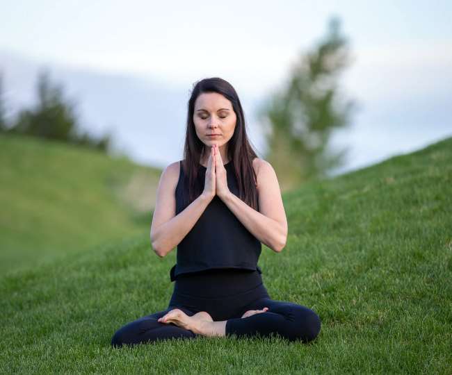 पार्क में नमस्कार मुद्रा में प्राणायाम करती महिला