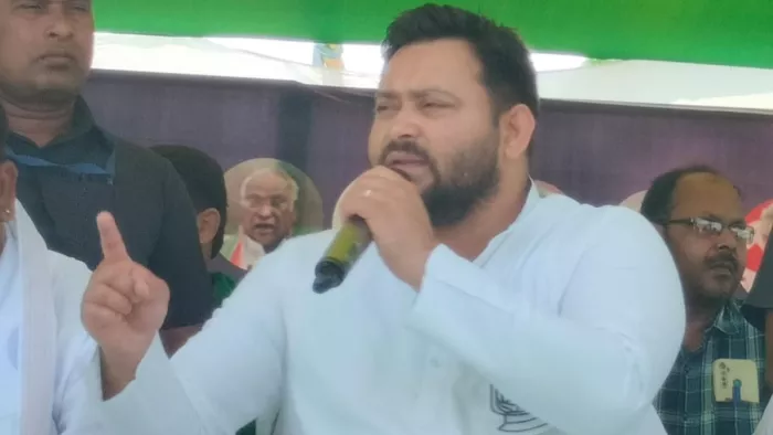 सभा को संबोधित करते पूर्व उपमुख्यमंत्री तेजस्वी यादव
