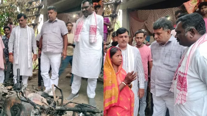 घटनास्थल का मुआयना और ग्रामीणों से बात करते भाजपा नेता। (जागरण फोटो)