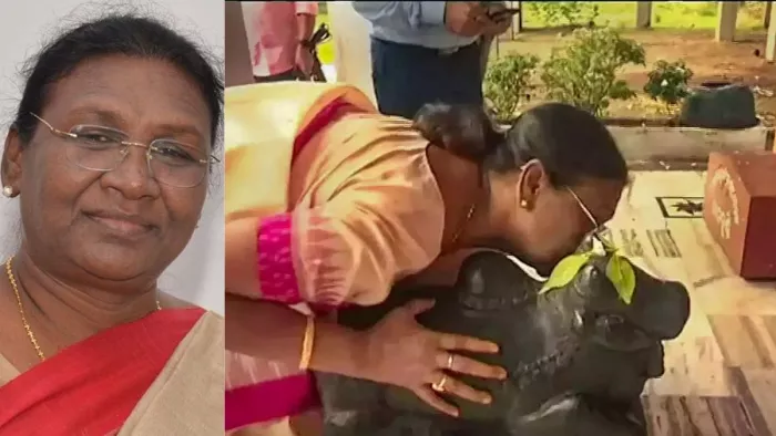 Draupadi Murmu: भगवान शिव की पूजा के बाद नंदी के कान में कुछ कहतीं द्रौपदी मुर्मू का फाइल फोटो।