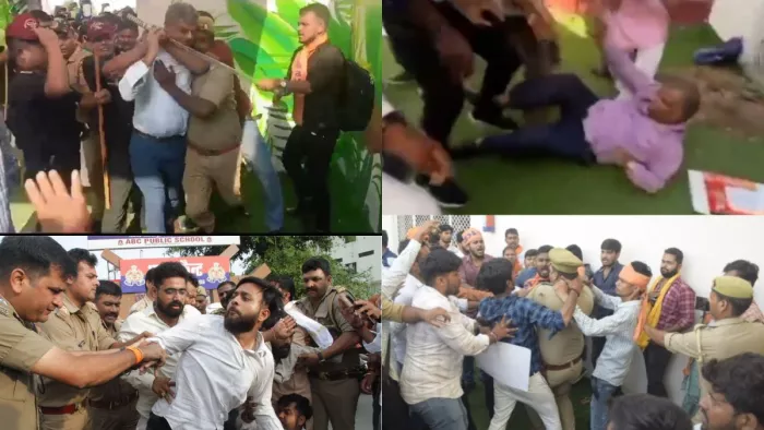 गोरखपुर विश्वविद्यालय में हंगामें के बाद मौजूद पुलिस व एबीवीपी कार्यकर्ता। -जागरण