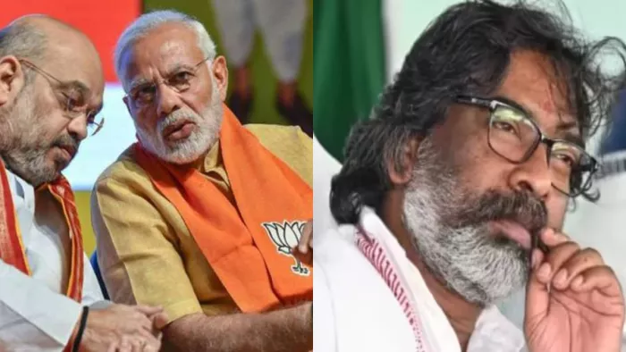 अमित शाह, प्रधानमंत्री नरेंद्र मोदी और झारखंड के मुख्यमंत्री हेमंत सोरेन। फाइल फोटो