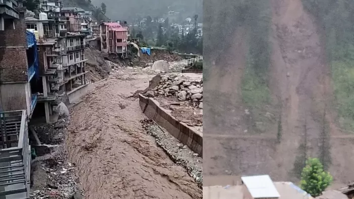 सराज के थुनाग में रिहायशी क्षेत्र के पास बह रही खड्ड व भूस्खलन से बंद जंजैहली सड़क।