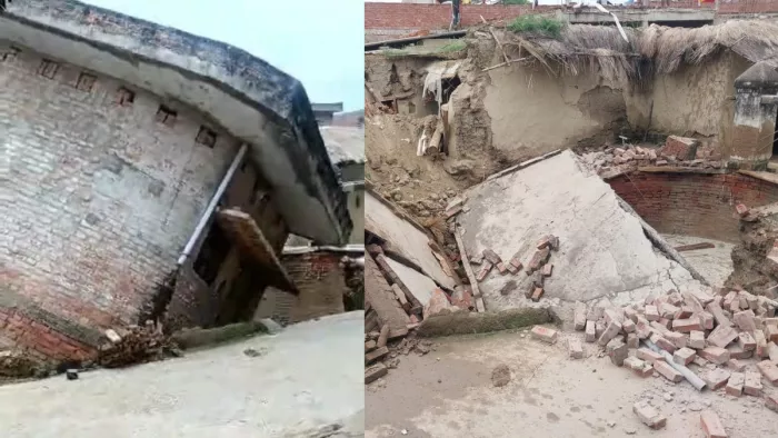 बारिश के कारण कुएं में समाया पक्का मकान