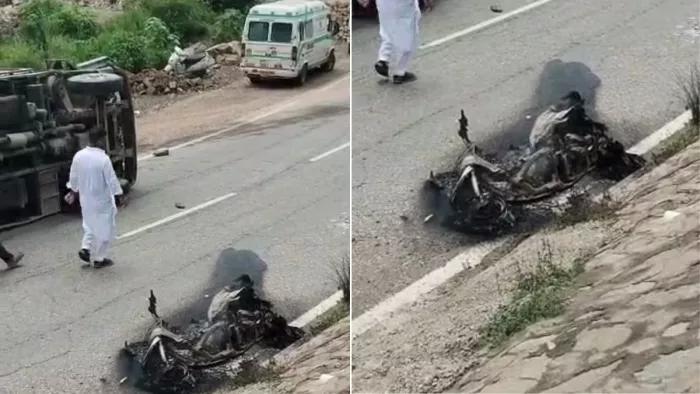 बिलासपुर के गरोमोड़ा में फोरलेन पर पलटा ट्रक व जली हुई स्कूटी। जागरण