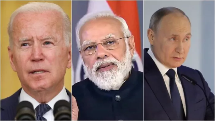 अमेरिकी राष्ट्रपति जो बाइडन, पीएम मोदी और व्लादिमीर पुतिन की फाइल फोटो