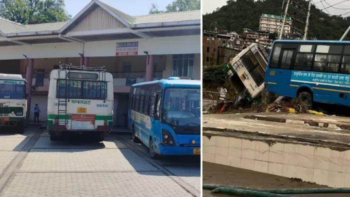 धर्मपुर आपदा के कारण संधोल में बिना तेल खड़ी बसें और बाढ़ में क्षतिग्रस्त बसें।