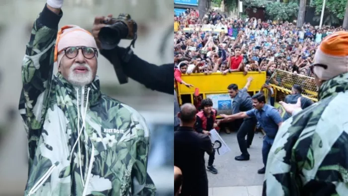 mitabh bachchan fans breaks security cordon at jalsa cried and falls at Uunchai Actors feet. Photo Credit/Instagram