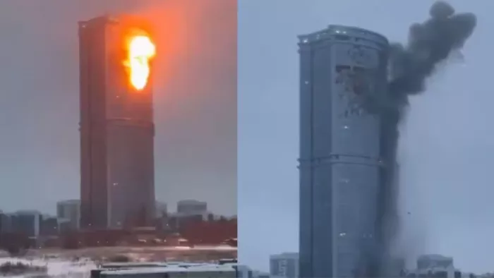 Russia Kazan attack कजान में तीन इमारतों से टकराया ड्रोन। (फोटो- सोशल मीडिया)
