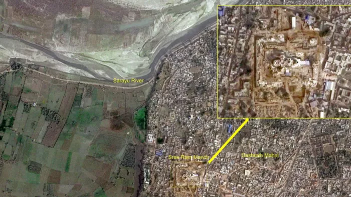 इसरो की ओर से जारी तस्वीर में 2.7 एकड़ में फैला राम मंदिर साफ तौर पर देखा जा सकता है।