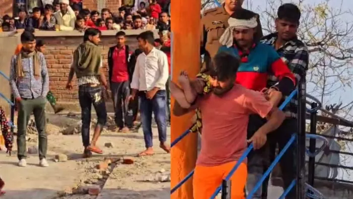 युवती के पानी की टंकी पर चढ़ने के दौरान मौजूद भीड़भाड़, नीचे उतारकर लाती पुलिस और ग्रामीण। जागरण