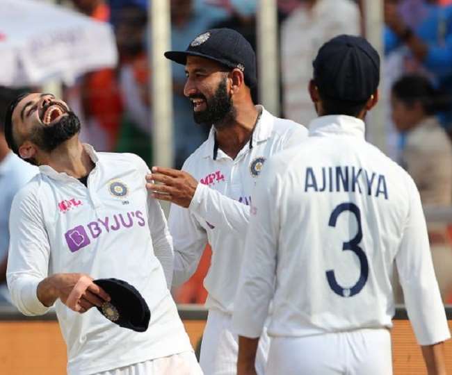 भारतीय कप्तान विराट कोहली के साथ रहाणे और पुजारा- फोटो ट्वटिर पेज