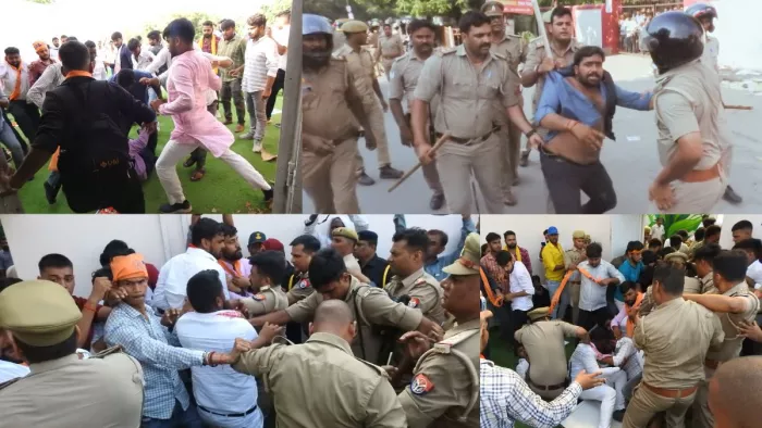 गोरखपुर विश्वविद्यालय में मारपीट करते छात्र व मौजूद पुलिस। -जागरण