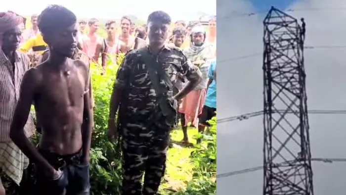 बिजली के हाईटेंशन तार के खंभे पर चढ़ा युवक