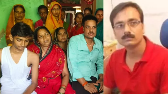 बेलसरा में दिवंगत पत्रकार विमल कुमार के पुत्र अभिनव आनंद व स्वजन। फोटो जागरण