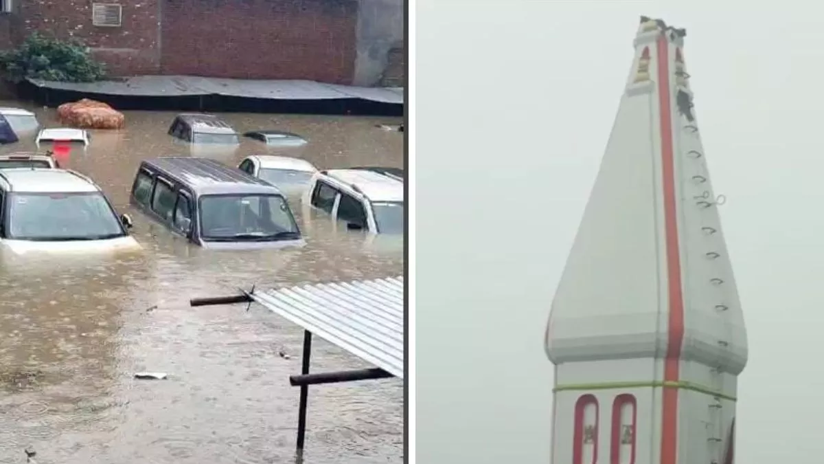 Rain in Agra: फिरोजाबाद में डूबी कारें और बरहन में मंदिर की टूटी बुर्जी।