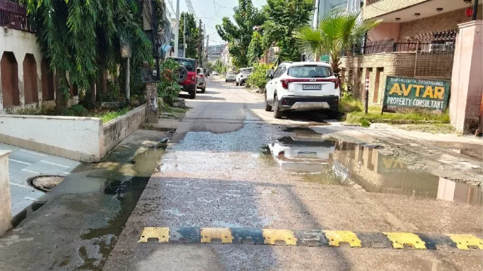 सेक्टर-6 में सीवर मेनहोल से सड़क पर बहती गंदगी। जागरण