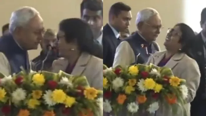 नीतीश कुमार का मजाकिया अंदाज! महिला एंकर के कंधे पर रखा हाथ और धीमे से कह दी ये बात