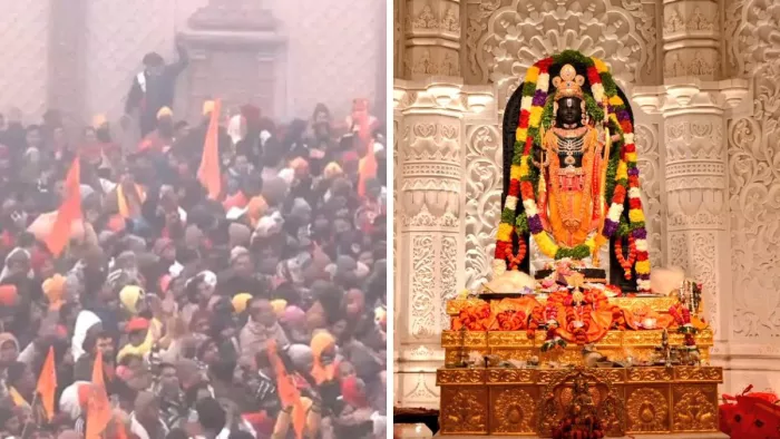 प्राण प्रतिष्ठा समारोह के बाद पहली सुबह रामलला के दर्शन के लिए उमड़ी श्रद्धालुओं की भारी भीड़।