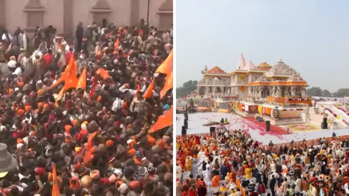 प्राण प्रतिष्ठा समारोह के बाद पहली सुबह रामलला के दर्शन के लिए उमड़ी श्रद्धालुओं की भारी भीड़।
