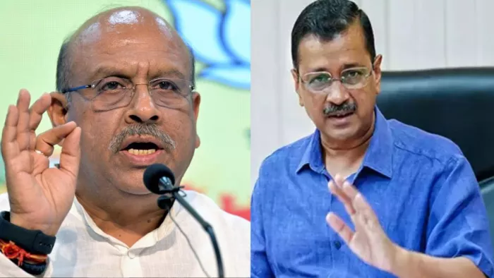 भाजपा नेता विजेंद्र गुप्ता और आप संयोजक अरविंद केजरीवाल की फाइल फोटो।