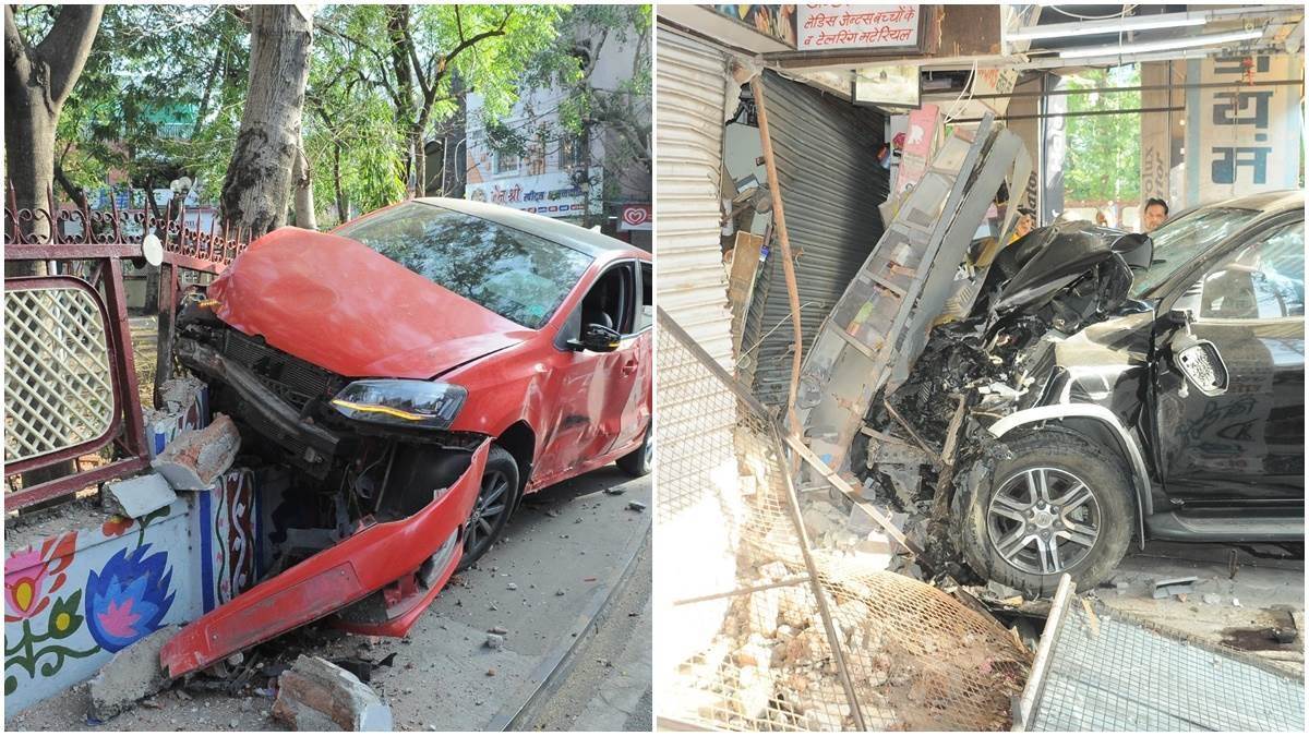 youths were racing a car one car entered the general store other broke wall of the park